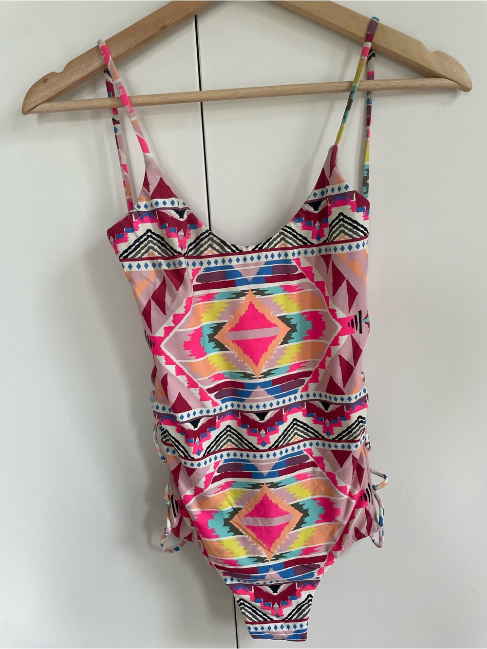 Billabong “Tribe Time” Neon Tribal Lace Up One Piece Swimsuit Size S